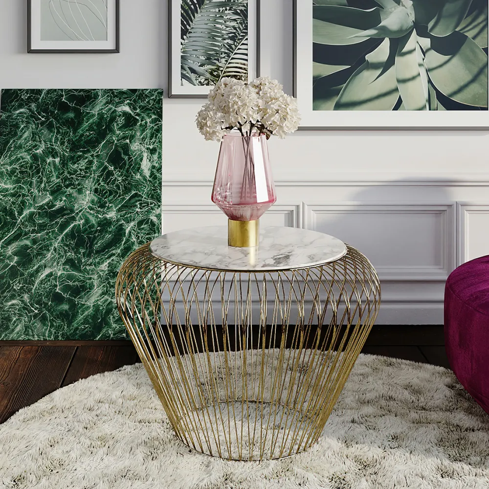 KARE Design Sohvapöydät|Olohuone*Beam Sivupöytä - Harmaa, Marmori, Messinki Ø43cm