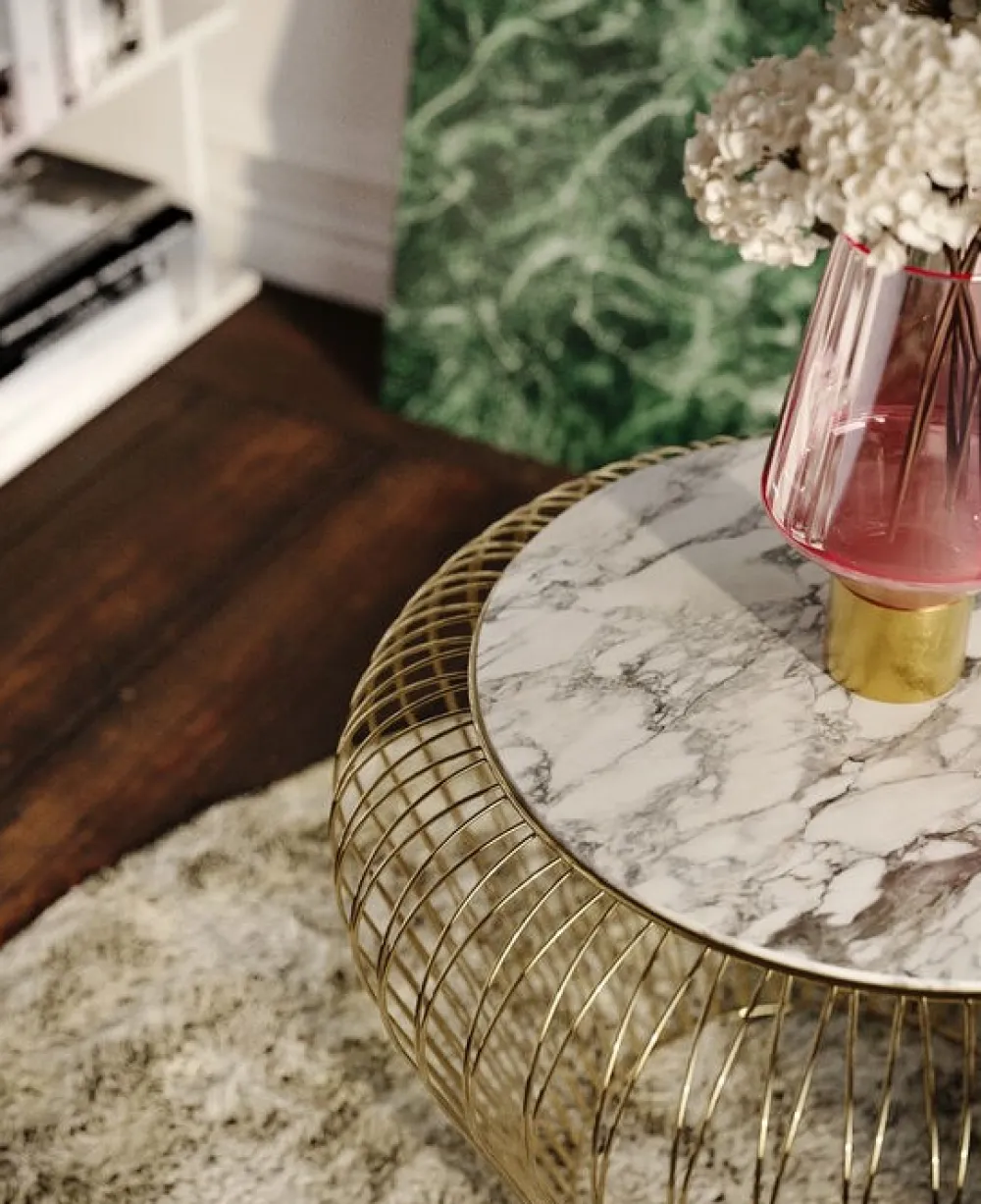 KARE Design Sohvapöydät|Olohuone*Beam Sivupöytä - Harmaa, Marmori, Messinki Ø43cm