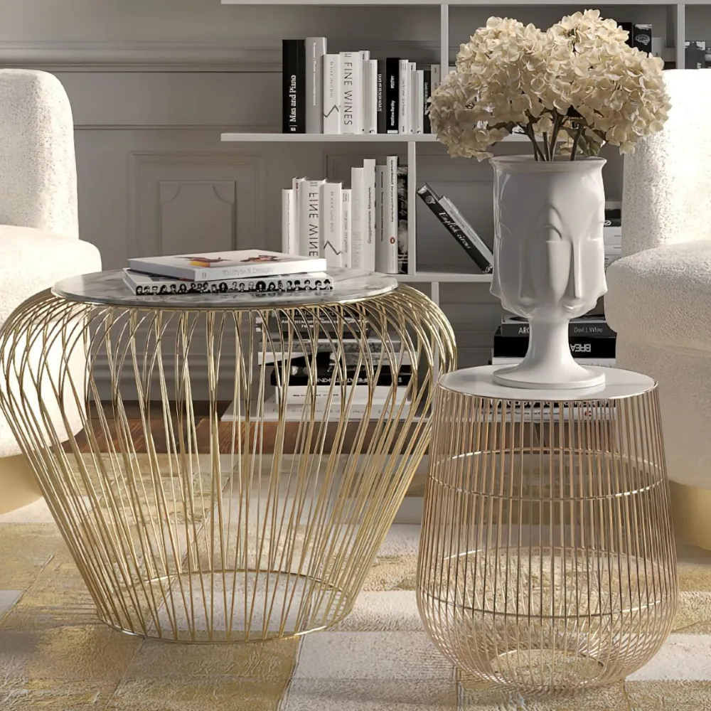 KARE Design Sohvapöydät|Olohuone*Beam Sivupöytä - Valkoinen, Marmori, Messinki Ø32cm