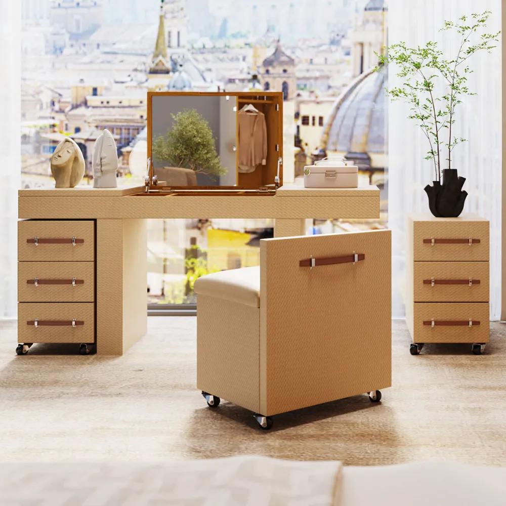 KARE Design Konsolipöydät Ja Sivupöydät*Venezia Meikkipöytä, Pöytä Peilillä Sekä Säilytystilalla, Tuoli, Kermanvärinen