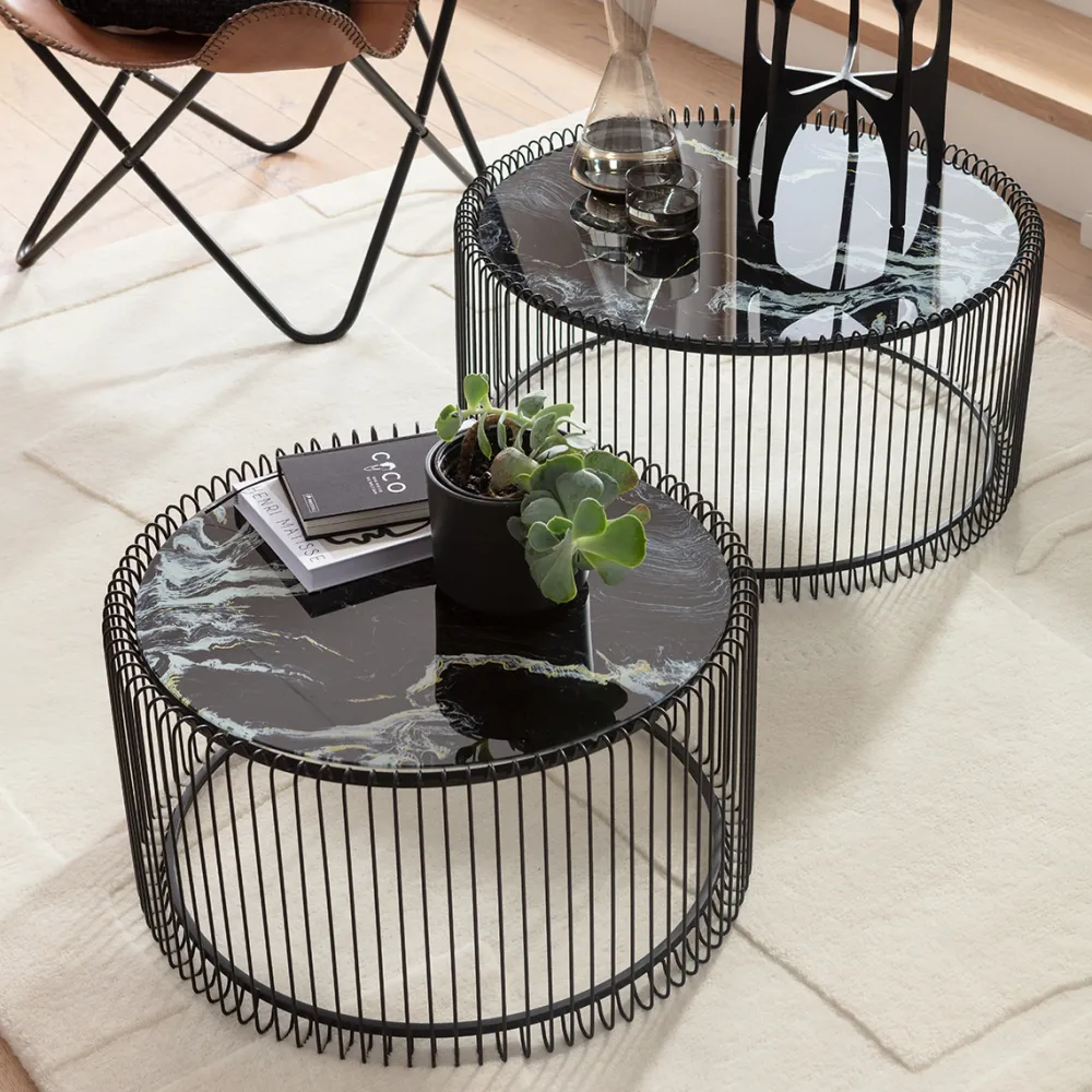 KARE Design Sohvapöydät|Olohuone*Wire Glass Marble Sohvapöytä - Marmorilasi, Musta (2/Setti)