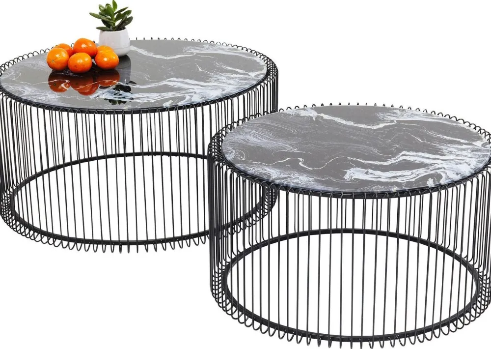 KARE Design Sohvapöydät|Olohuone*Wire Glass Marble Sohvapöytä - Marmorilasi, Musta (2/Setti)